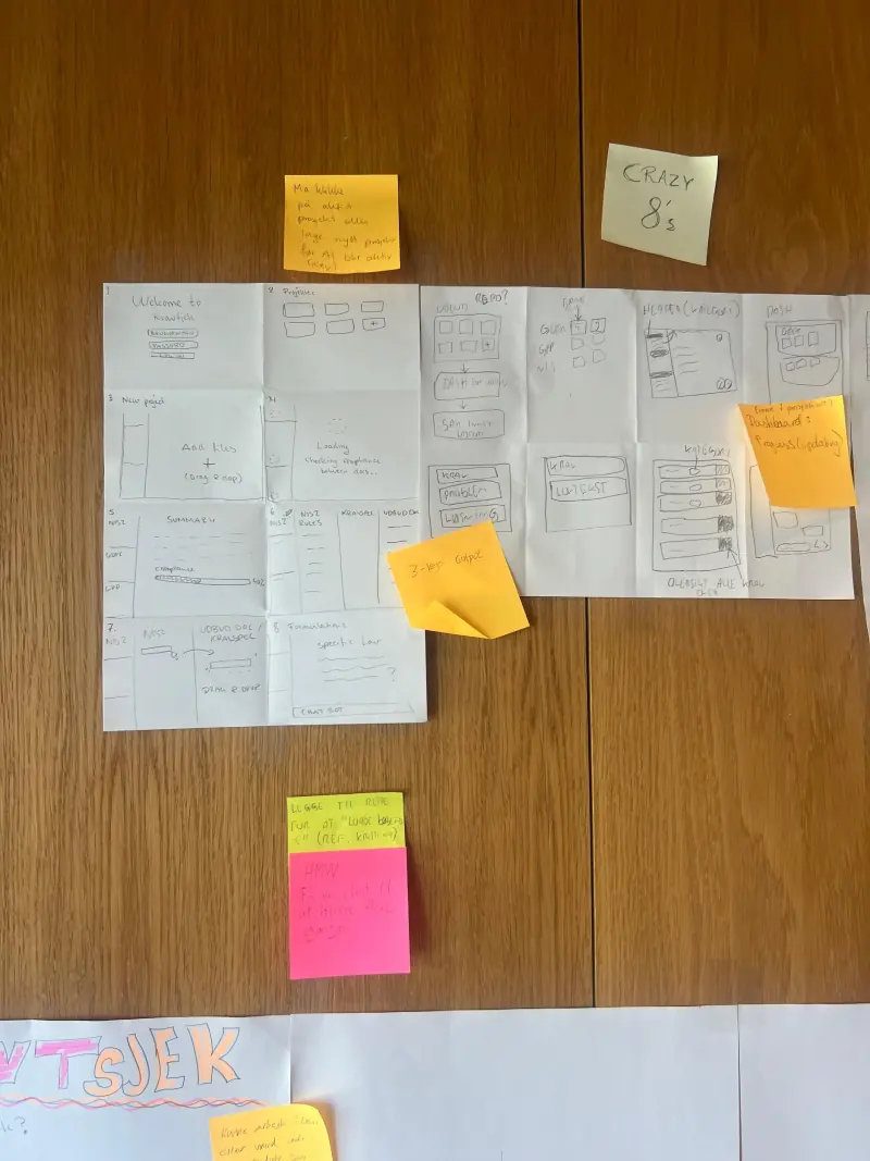 Folded paper sketches with sticky notes laid out on a wooden table, with a KravTjek logo drawn in marker